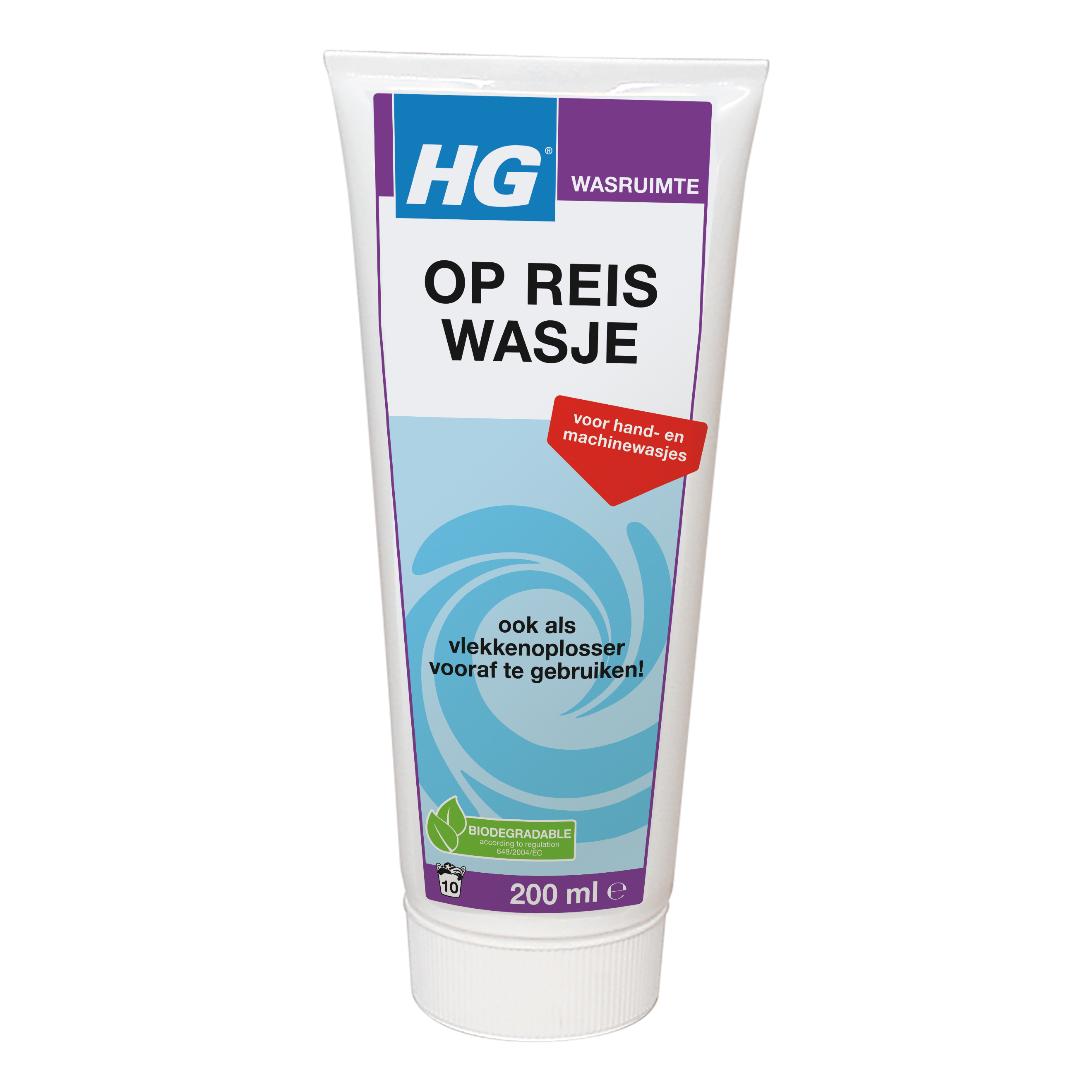 HG Op Reis Wasmiddel 200ml bottle, eco-friendly laundry detergent for travel, suitable for delicate clothes and quick wash.