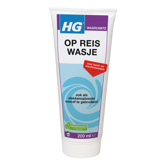 HG Op Reis Wasmiddel 200ml bottle, eco-friendly laundry detergent for travel, suitable for delicate clothes and quick wash.