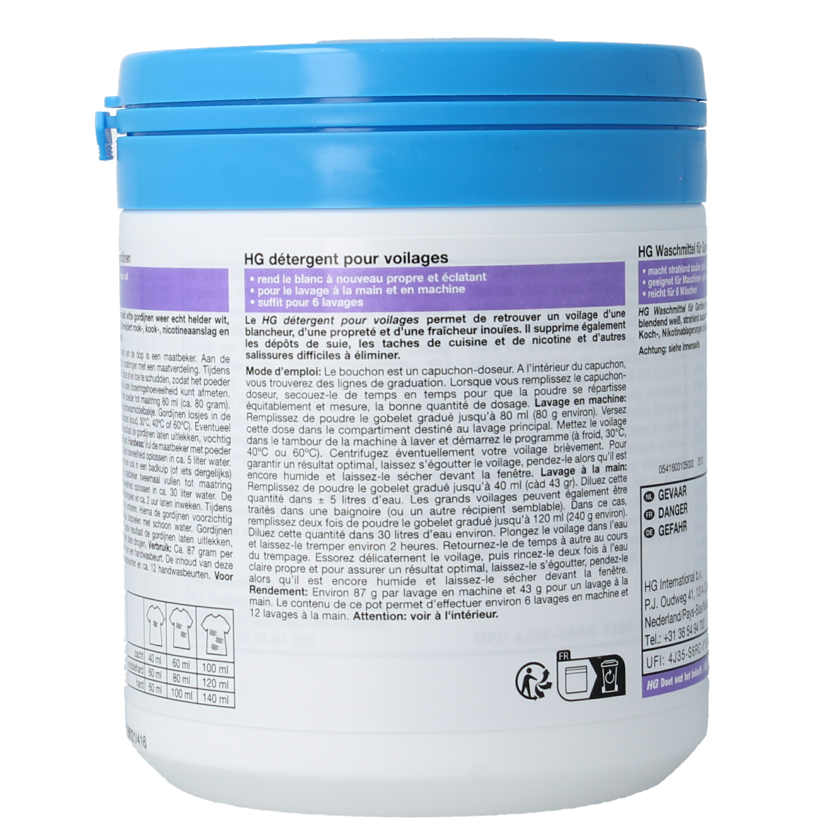 HG Wasmiddel for vitrage, 500g, a cleaning product designed for delicate window curtains and sheer fabrics.