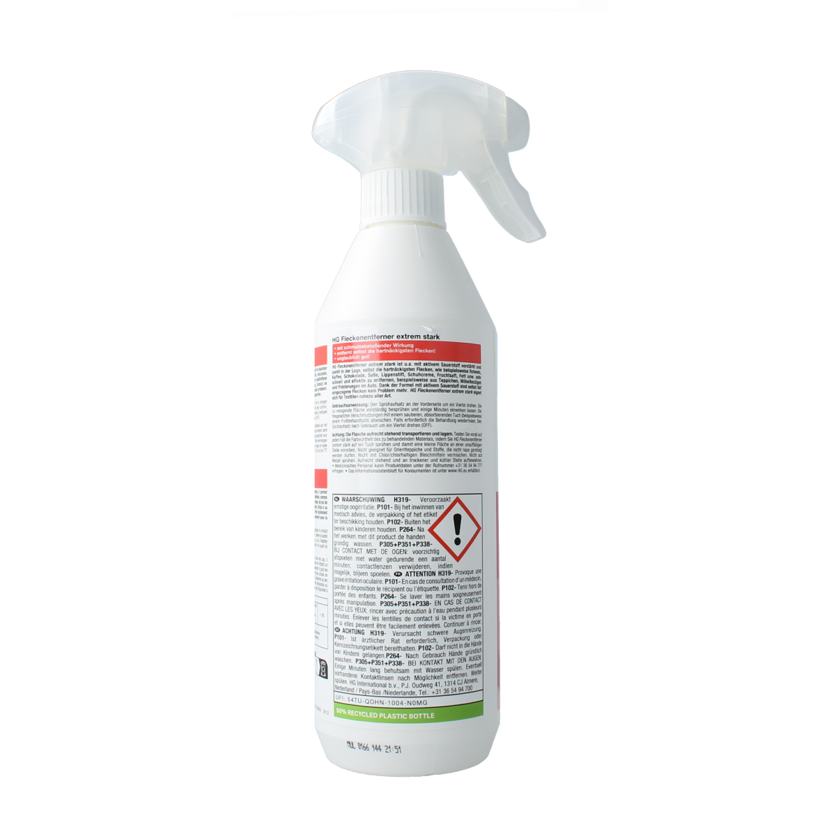 HG Vlekverwijderaar extreem sterk in 500ml bottle, powerful stain remover for tough cleaning tasks in household cleaning.