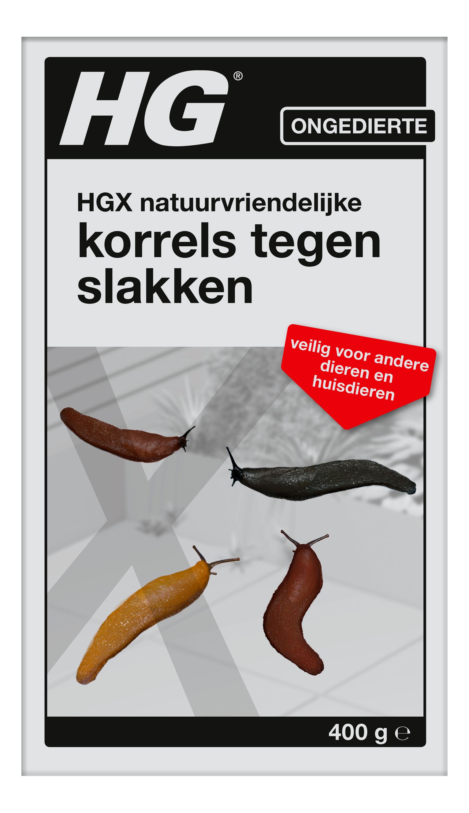 HG pest control product for slugs, 400g, in a pesticide container with label showing HG brand and product information.