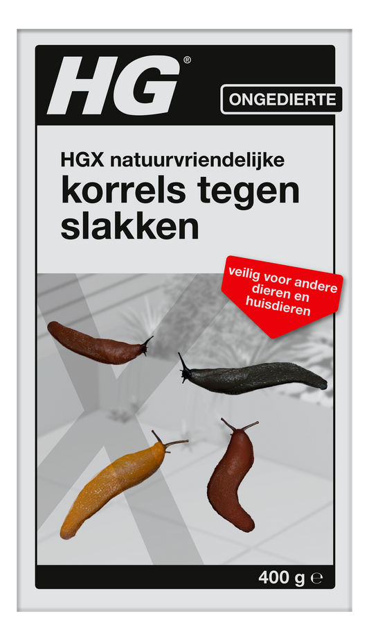 HG pest control product for slugs, 400g, in a pesticide container with label showing HG brand and product information.