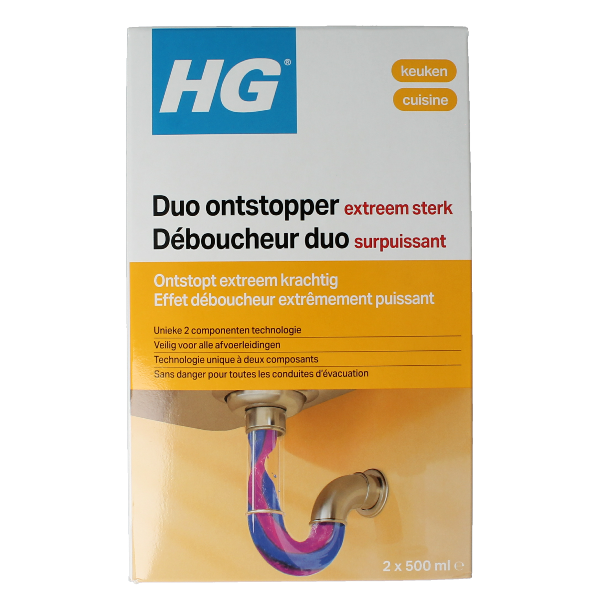 HG Duo Ontstopper 1L, a cleaning product for unclogging drains, shown in a 1-liter bottle with a white cap.