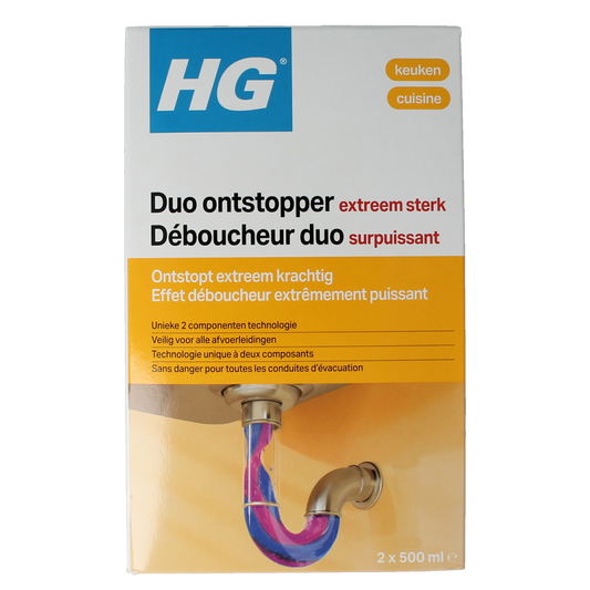 HG Duo Ontstopper 1L, a cleaning product for unclogging drains, shown in a 1-liter bottle with a white cap.
