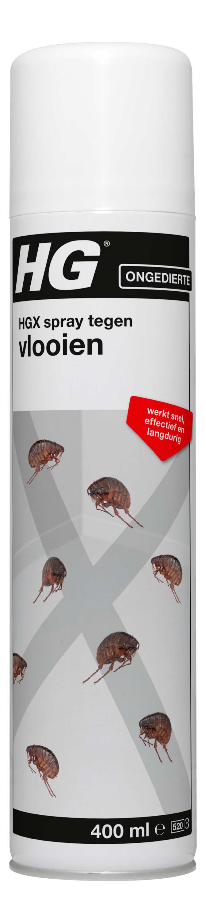 HG X vlooien spray pesticide in 400ml spray bottle, designed for flea control on pets and home surfaces.