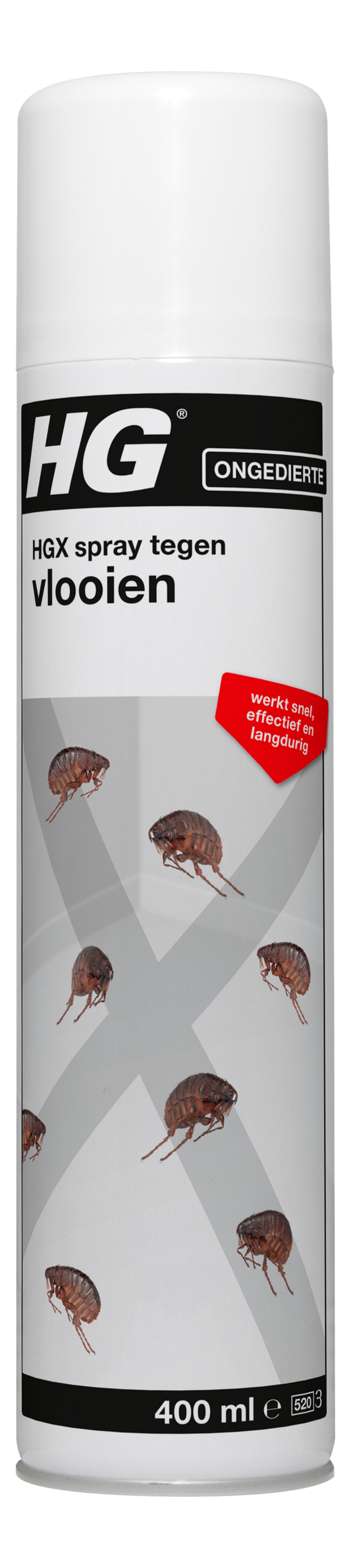 HG X vlooien spray pesticide in 400ml spray bottle, designed for flea control on pets and home surfaces.