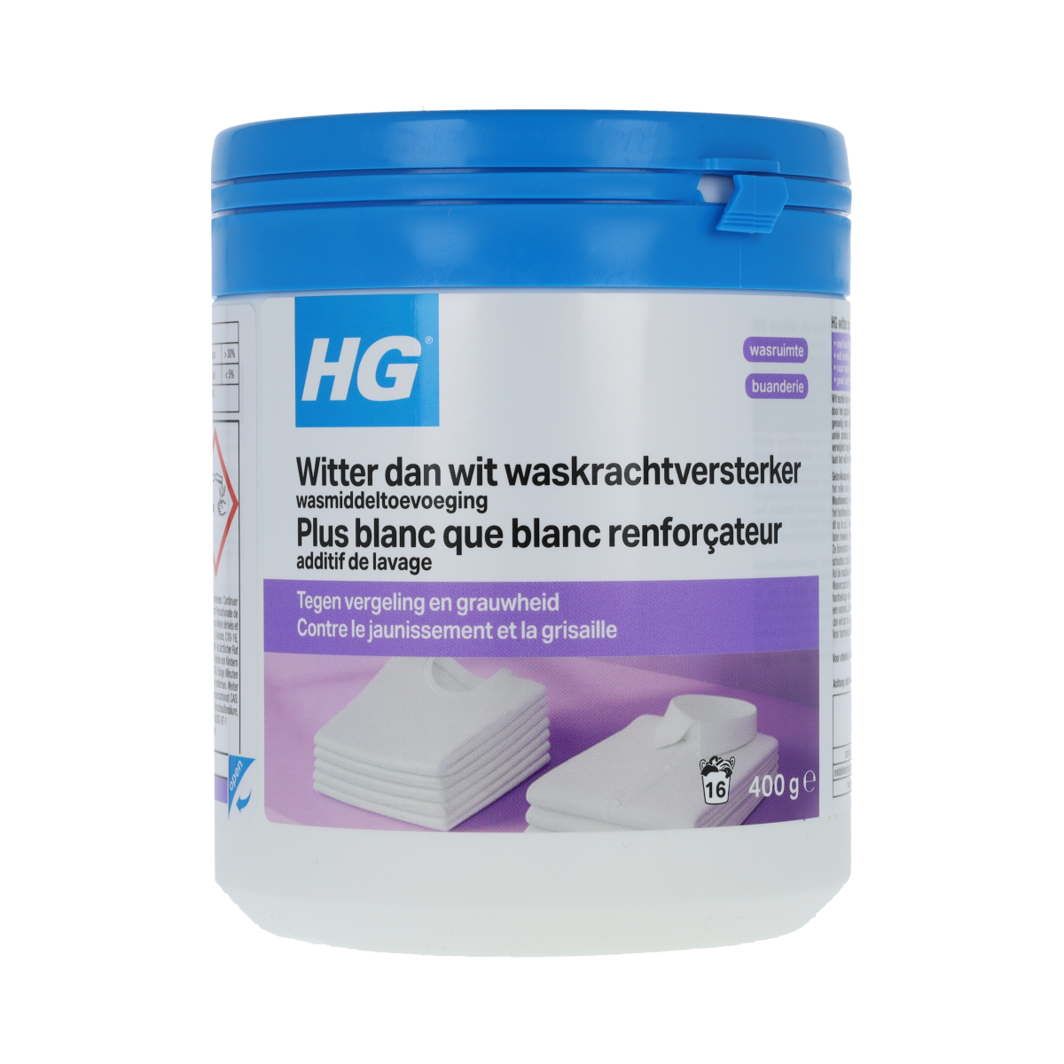 HG Witter dan wit waskrachtversterker 400g container, a cleaning product for whitening and cleaning laundry or surfaces.