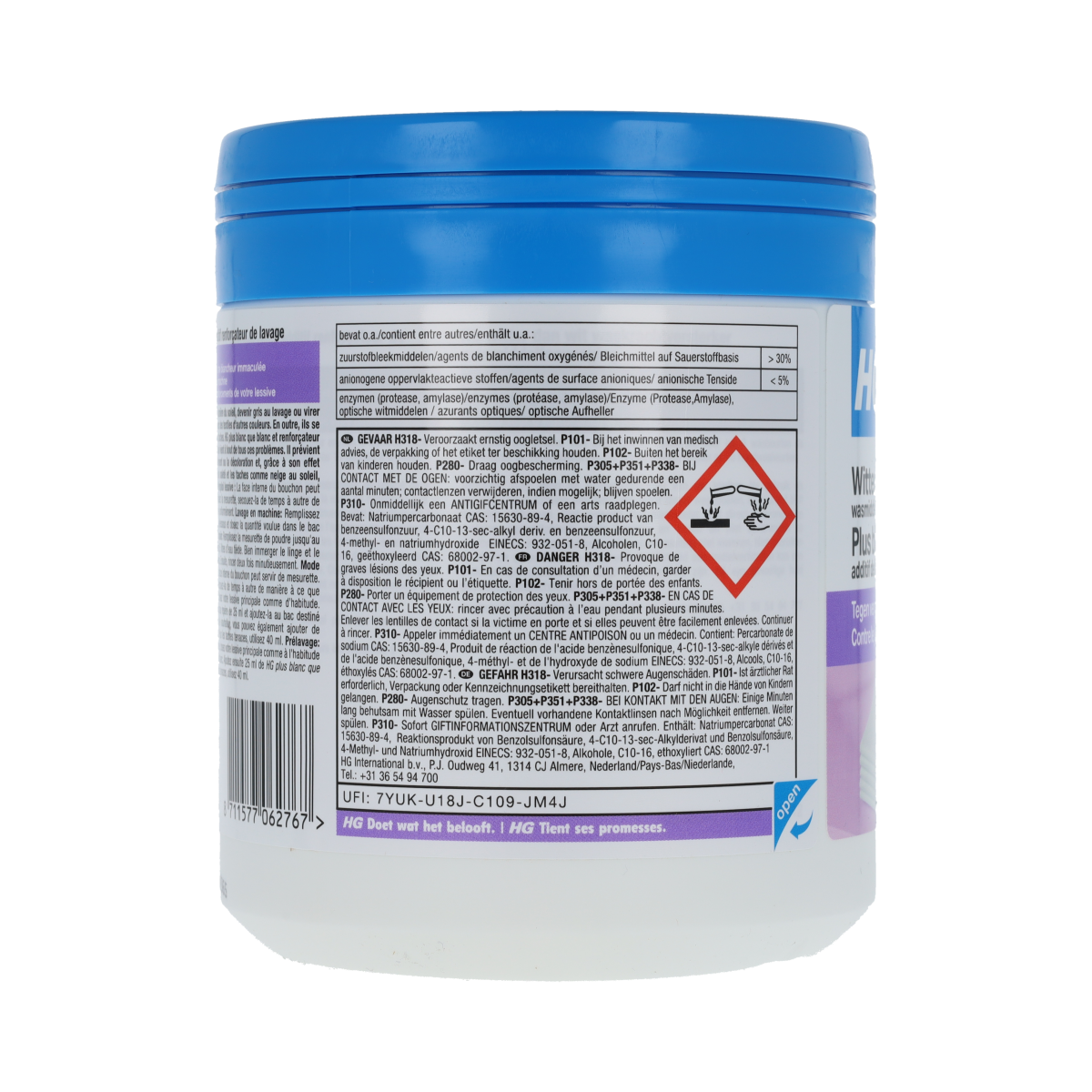 HG Witter dan wit waskrachtversterker 400g in a white container, designed for cleaning and laundry enhancement.