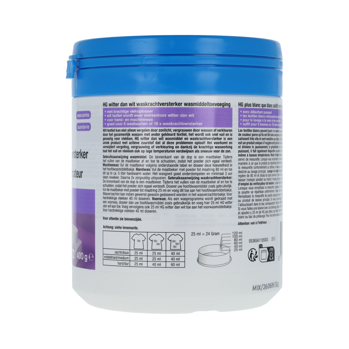 HG Witter dan wit waskrachtversterker 400g, a cleaning product for laundry stains and whiteness enhancement.