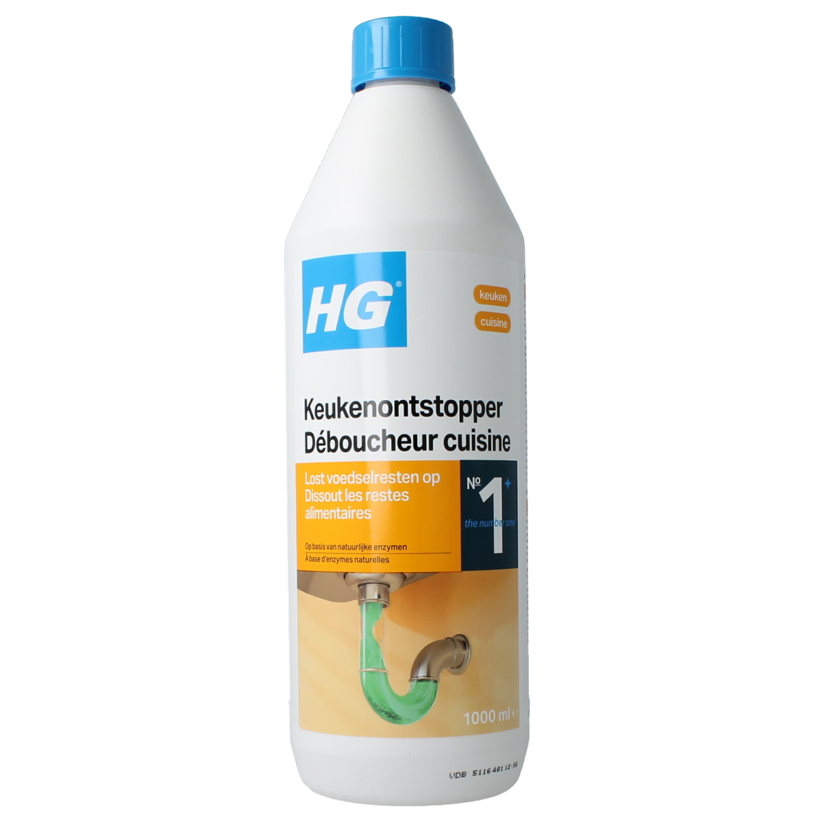 HG Keukenontstopper 1.00 liter bottle, green cap and label, for kitchen drain cleaning, in a cleaning product image.