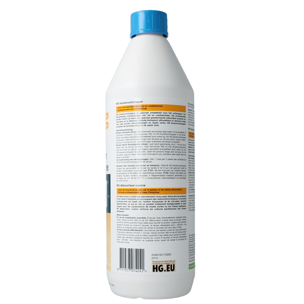 HG Keukenontstopper 1.00 liter bottle, effective cleaning product for kitchen drain clogs, with label and cap visible.