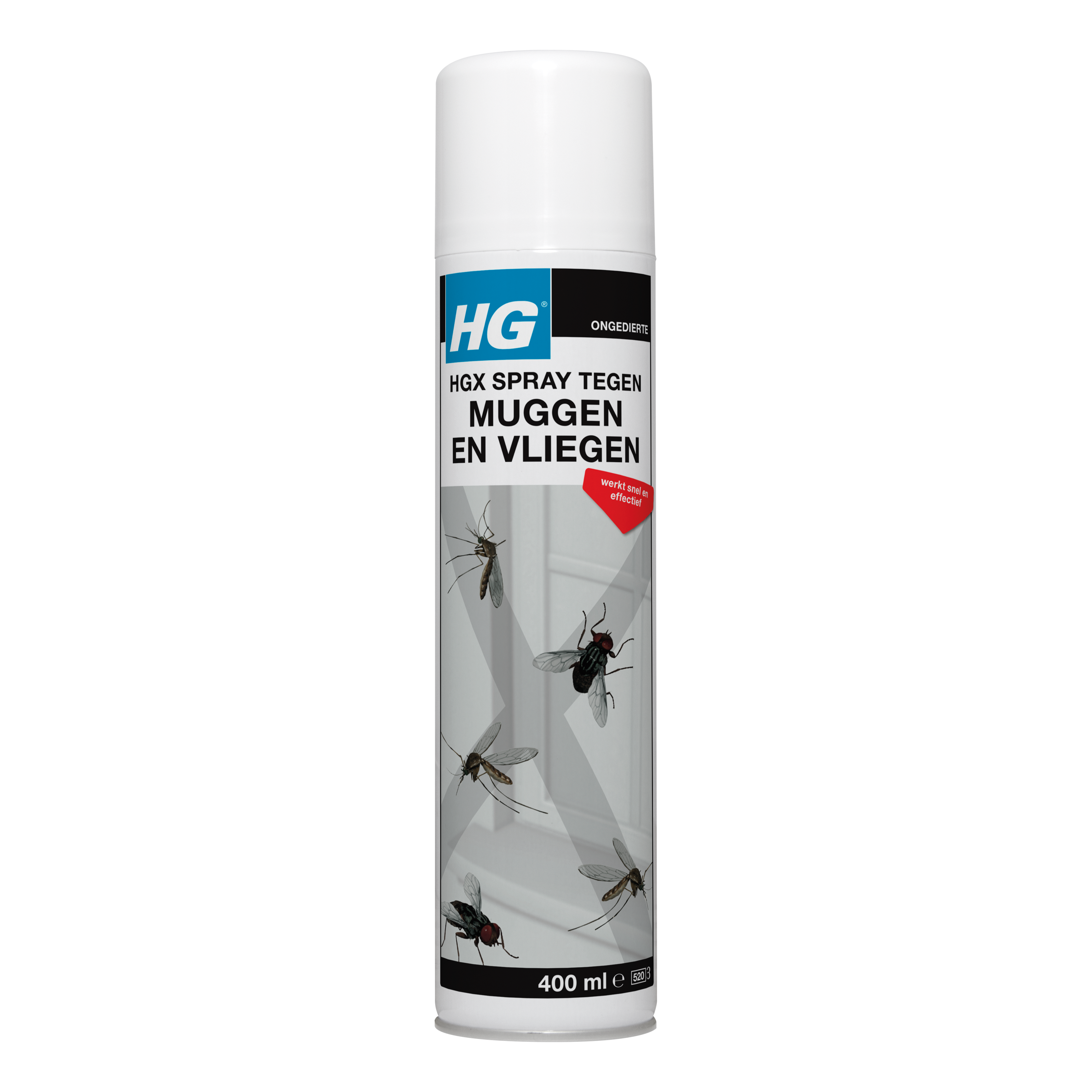 HG X muggen en vliegen spray in 400ml spray bottle, pesticide for effective insect control against mosquitoes and flies.