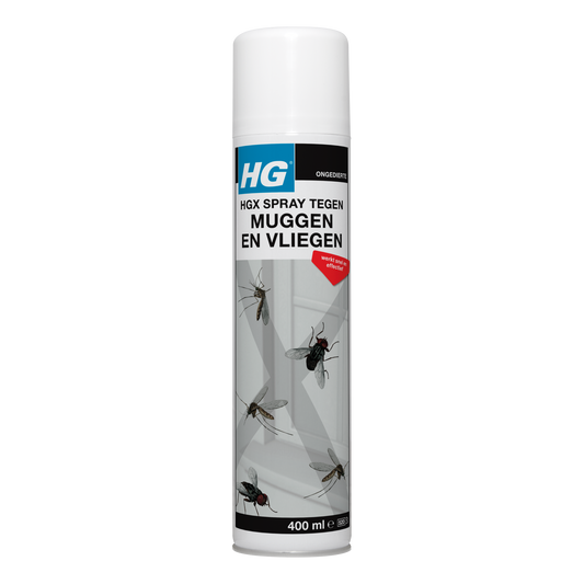 HG X muggen en vliegen spray in 400ml spray bottle, pesticide for effective insect control against mosquitoes and flies.