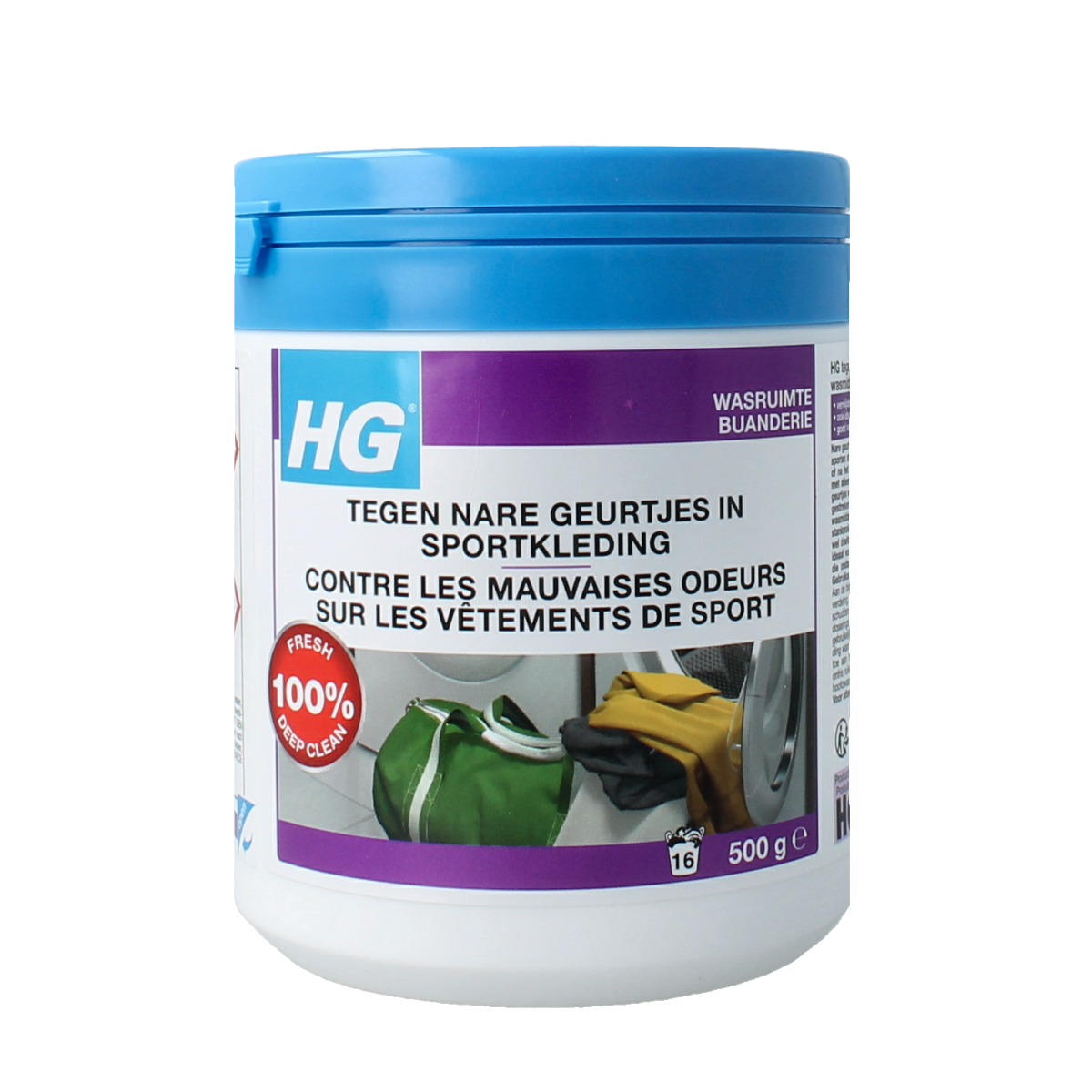 HG Tegen nare geurtjes sportkleding 500g schoonmaakproduct in een open verpakking, geschikt voor het verwijderen van sportkledinggeurtjes.