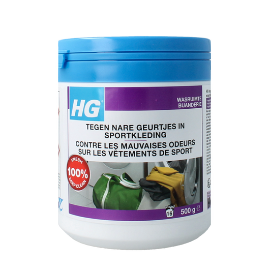 HG Tegen nare geurtjes sportkleding 500g schoonmaakproduct in een open verpakking, geschikt voor het verwijderen van sportkledinggeurtjes.