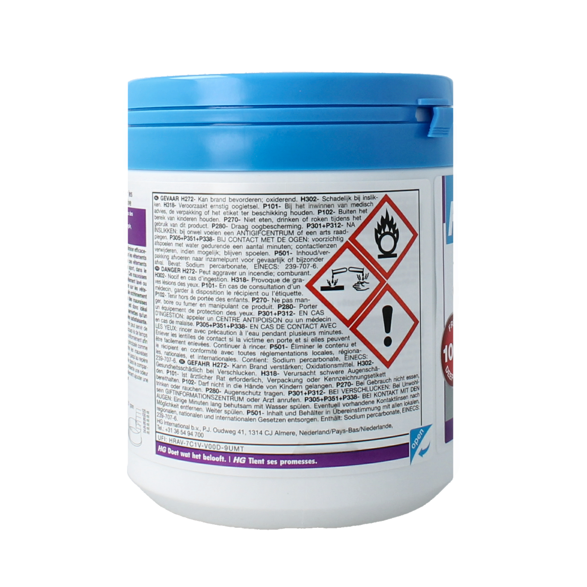 HG Tegen nare geurtjes sportkleding spray in 500g container, designed to eliminate odors from athletic clothing.