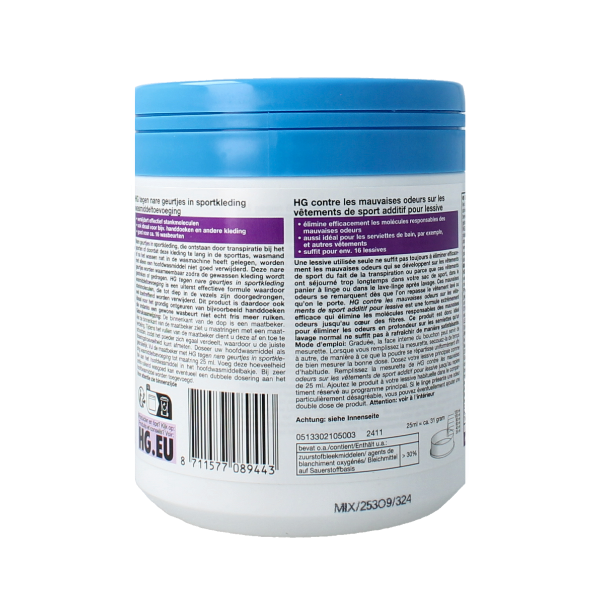 HG Tegen nare geurtjes sportkleding spray bottle, 500g, for removing odors from sportswear and cleaning garments.