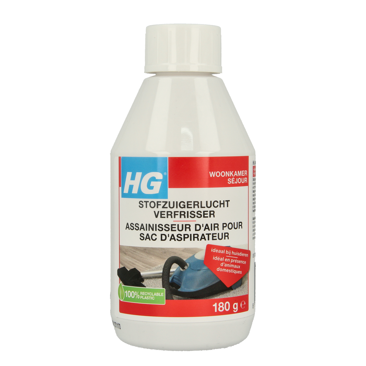 HG Geurverspreider stofzuigerlucht verfrisser 180g, spray bottle with freshening scent for vacuum cleaner areas.