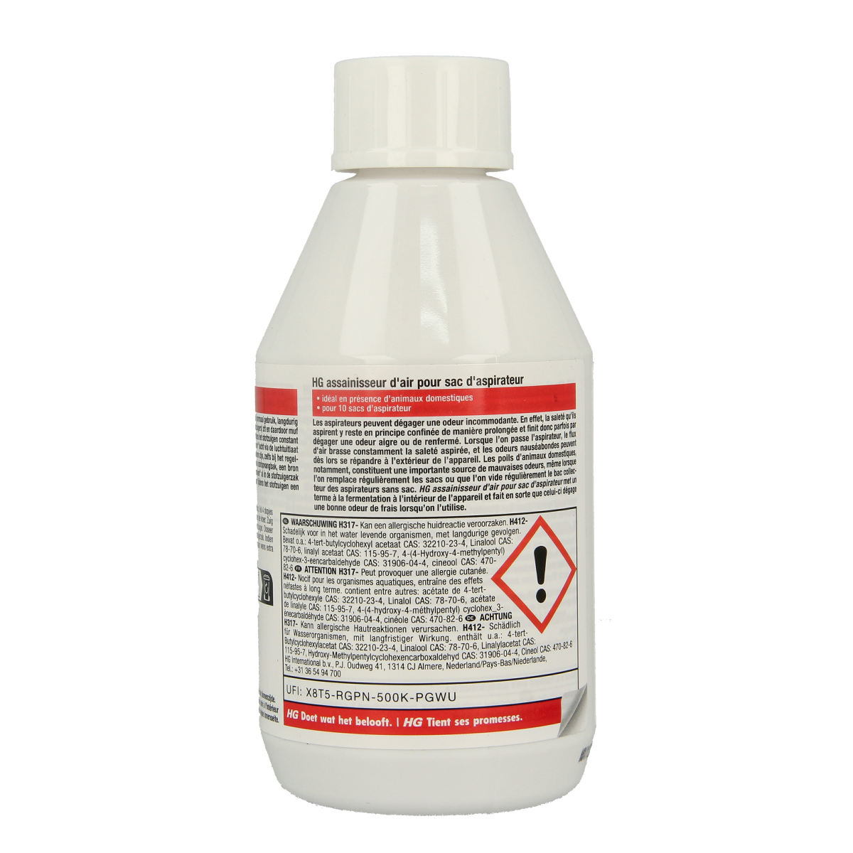 HG geurverspreider stofzuigerlucht verfrisser 180g, freshening spray for vacuum cleaner odors, in a spray bottle.