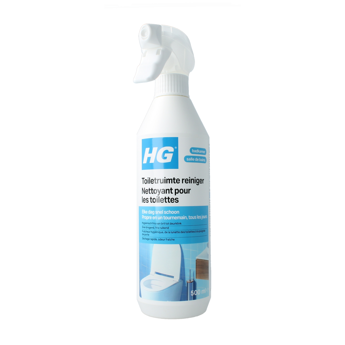 HG Toiletruimte reiniger 500ml bottle with spray nozzle, cleaning product for toilet areas in a household setting.