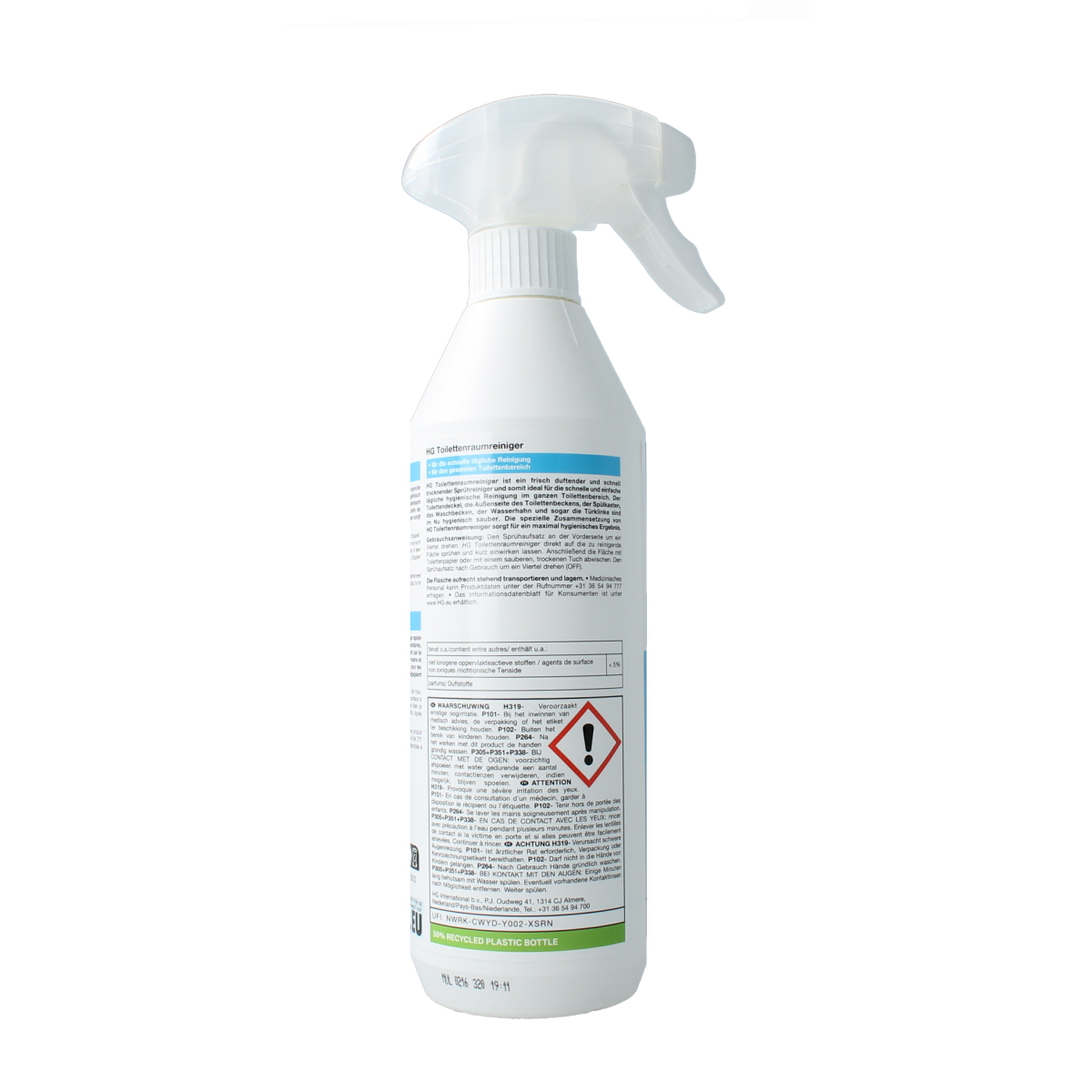 HG Toiletruimte reiniger 500ml bottle, a cleaning product for toilet spaces with a clear label and nozzle for easy application.
