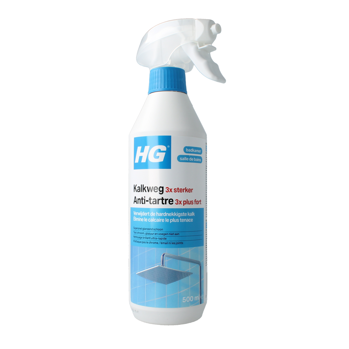 HG Kalkweg schuimspray, 500ml, powerful lime scale remover cleaning product in a spray bottle, designed for effective limescale removal.