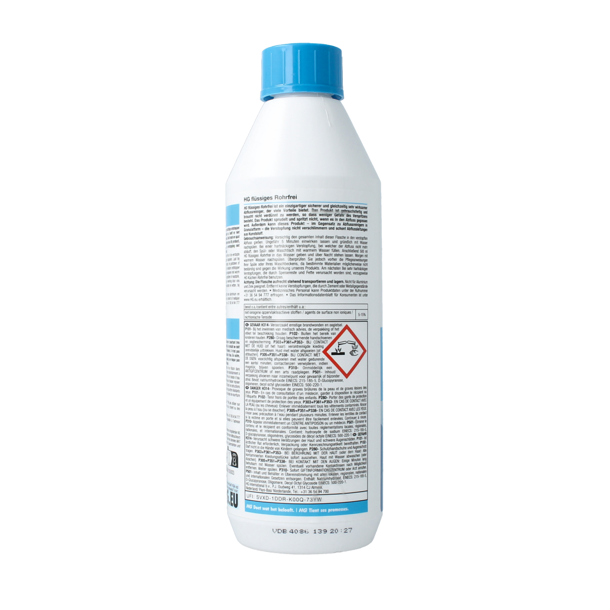 HG liquid drain unblocker in a 500ml bottle, a cleaning product for clearing clogged drains, with white and blue packaging.