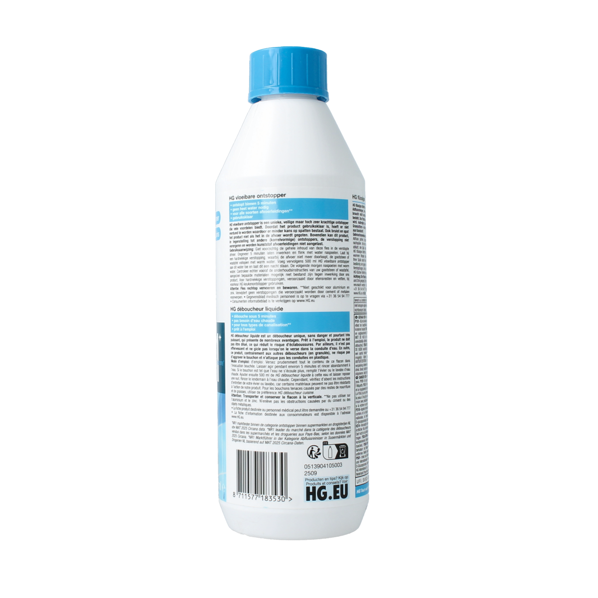 HG liquid drain unblocker in a 500ml bottle, a cleaning product for clearing blocked drains.