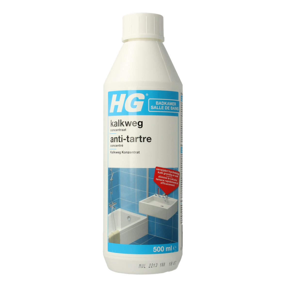 HG Kalkweg concentraat in 500ml bottle, a cleaning product designed to remove limescale buildup on surfaces.