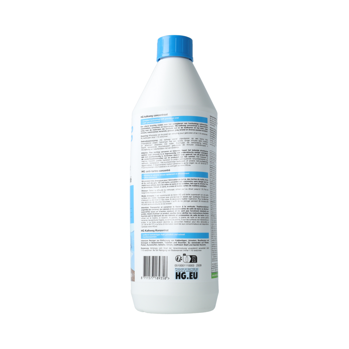 HG Kalkweg concentraat 1 liter cleaning product for limescale removal, shown in a clear container with label.