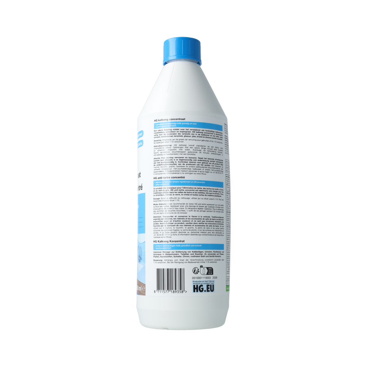 HG Kalkweg concentraat 1 liter in a cleaning bottle, used for removing limescale in household and bathroom fixtures.
