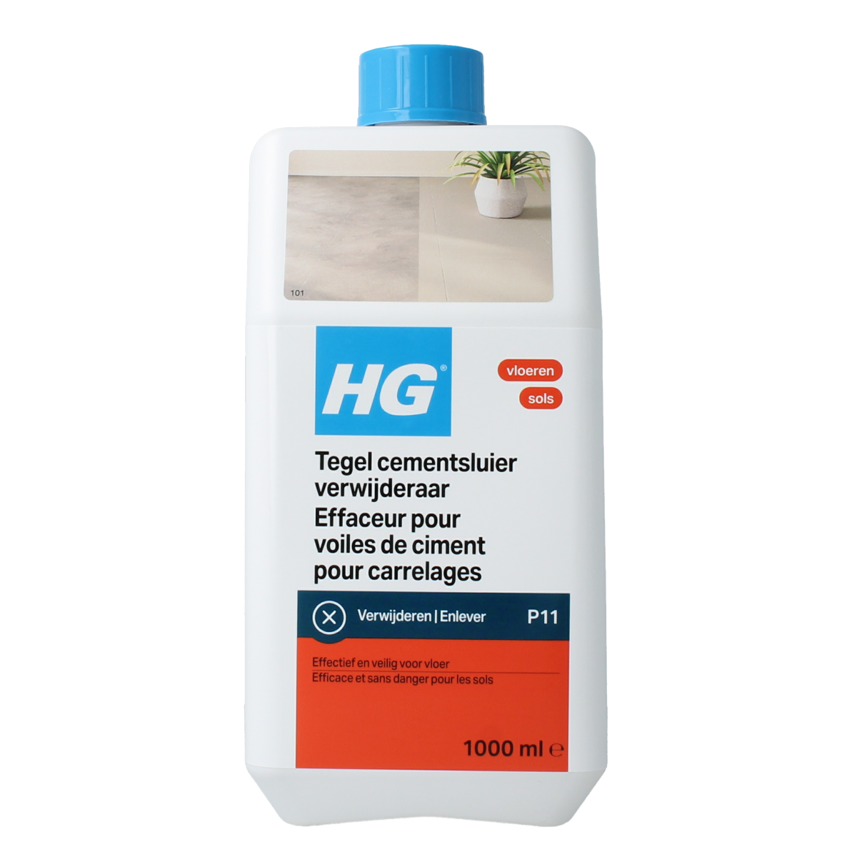 HG Tegelcementsluier verwijderaar in 1 liter bottle, a cleaning product for removing cement stains from tiles.