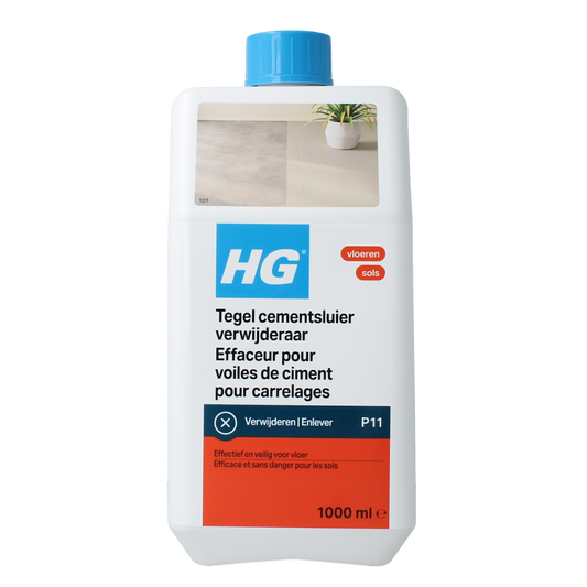 HG Tegelcementsluier verwijderaar in 1 liter bottle, a cleaning product for removing cement stains from tiles.
