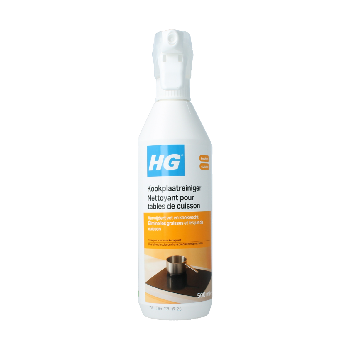 HG Kookplaat Reiniger 500ml bottle for cleaning stovetops and cooktops with a natural and effective cleaning solution.