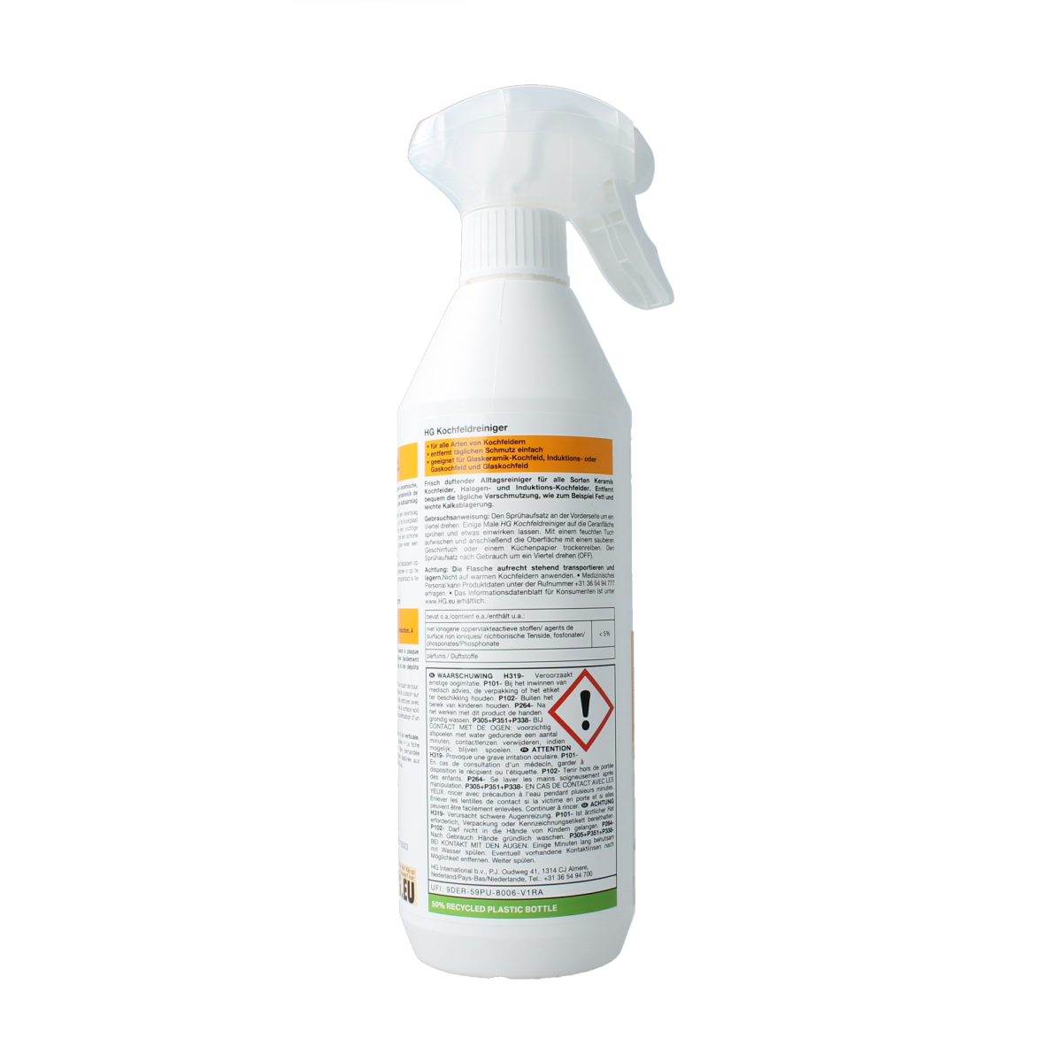 HG Kookplaat reiniger in 500ml bottle, effective cooktop cleaner for shiny, spotless kitchen surfaces.