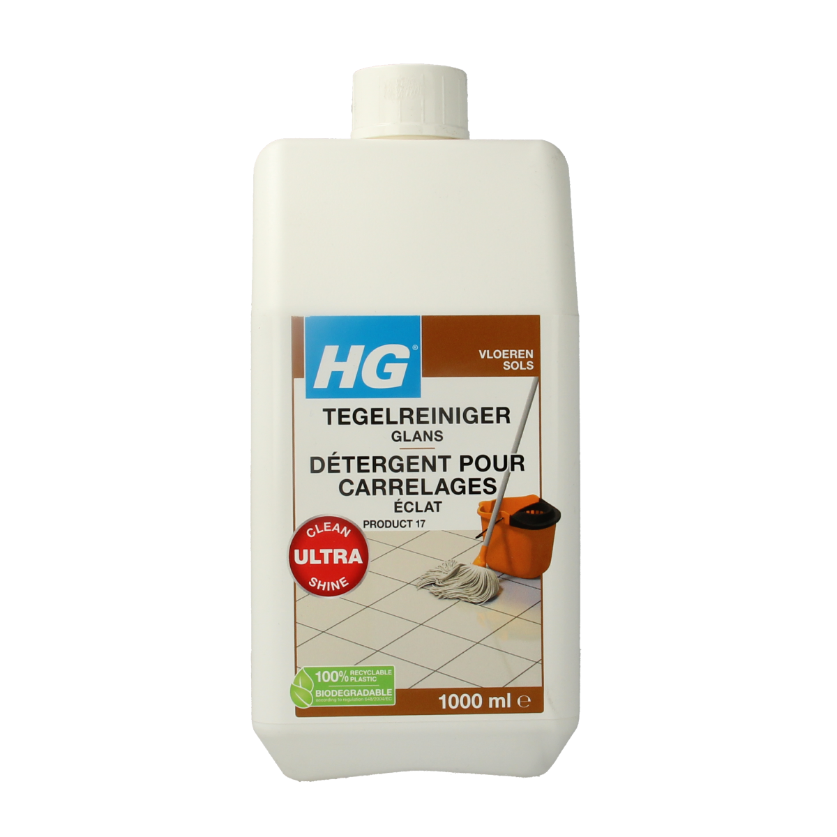 HG Tegelreiniger glans 1.00 Liter cleaner bottle for tiles and surfaces, featuring brand label and spray nozzle in the image