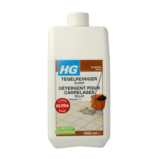 HG Tegelreiniger glans 1.00 Liter cleaner bottle for tiles and surfaces, featuring brand label and spray nozzle in the image