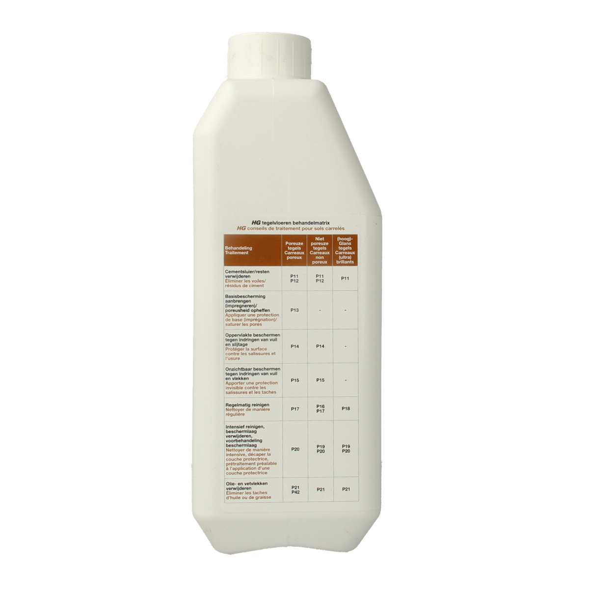 HG Tegelreiniger glans 1.00 liter, a cleaning product for tiles, shown in a clear bottle with a white and blue label.
