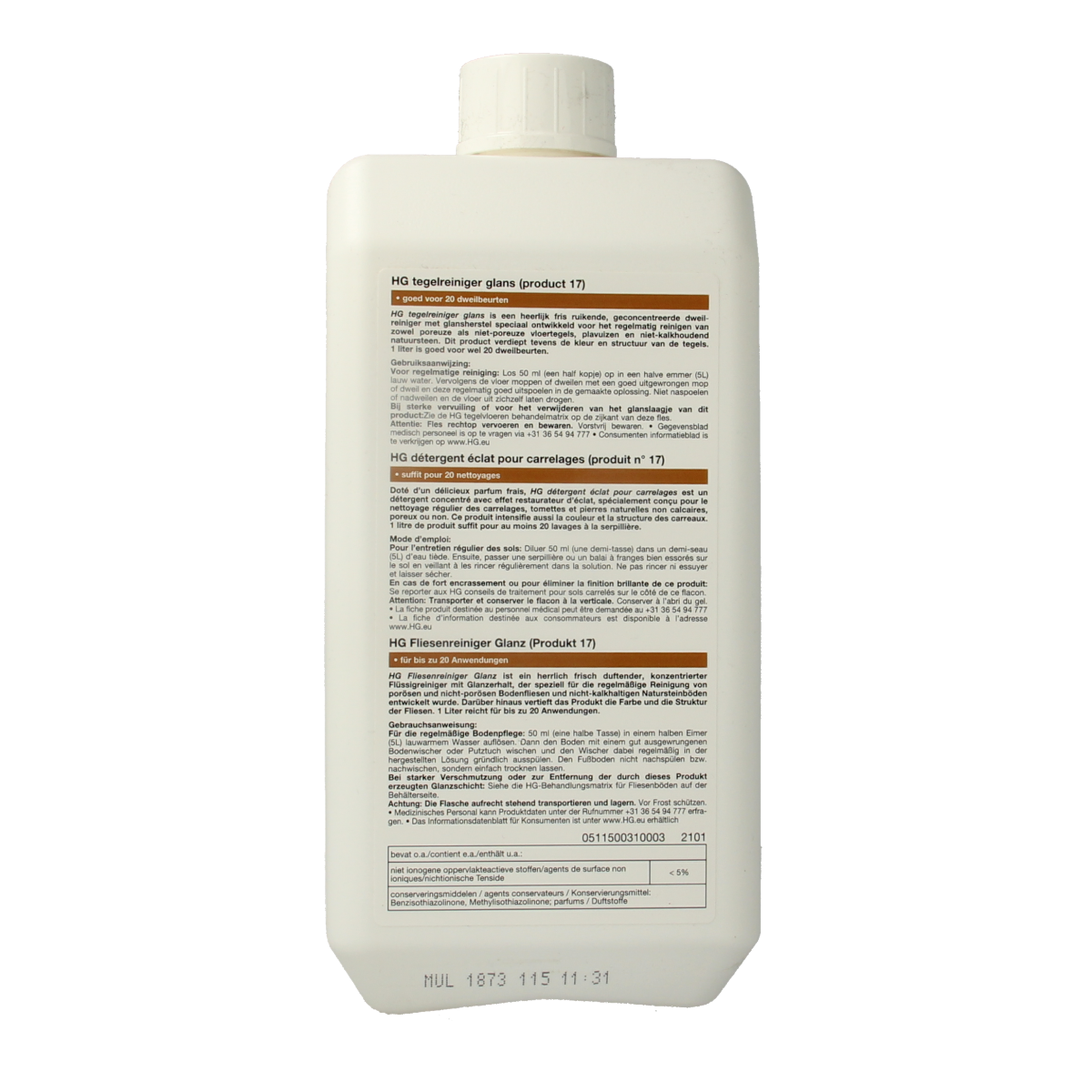 HG Tegelreiniger glans 1.00 liter bottle, a cleaning product for tiles with a shiny finish, in a clear plastic container.