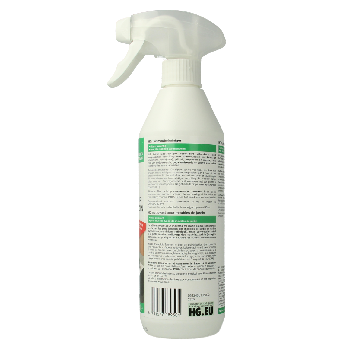 HG Tuinmeubelreiniger 500ml spray bottle for cleaning outdoor furniture, with a label showing the HG brand logo and product details.
