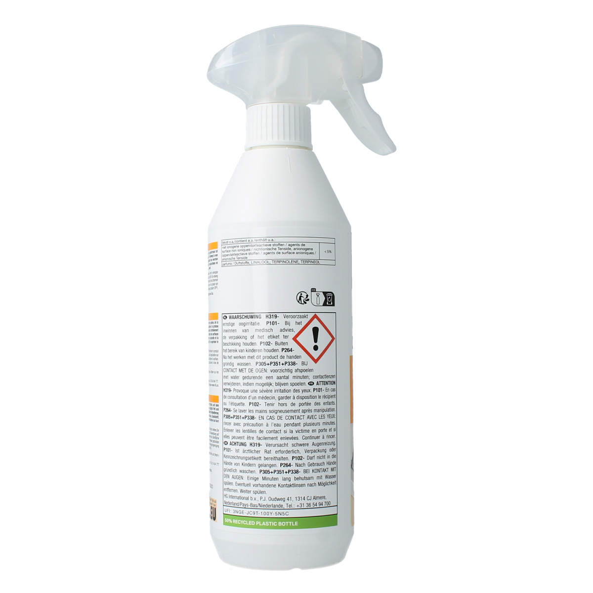 HG Vetweg 500ml cleaning product bottle, part of HG's schoonmaakartikelen line, with a white and blue label and a spray nozzle.