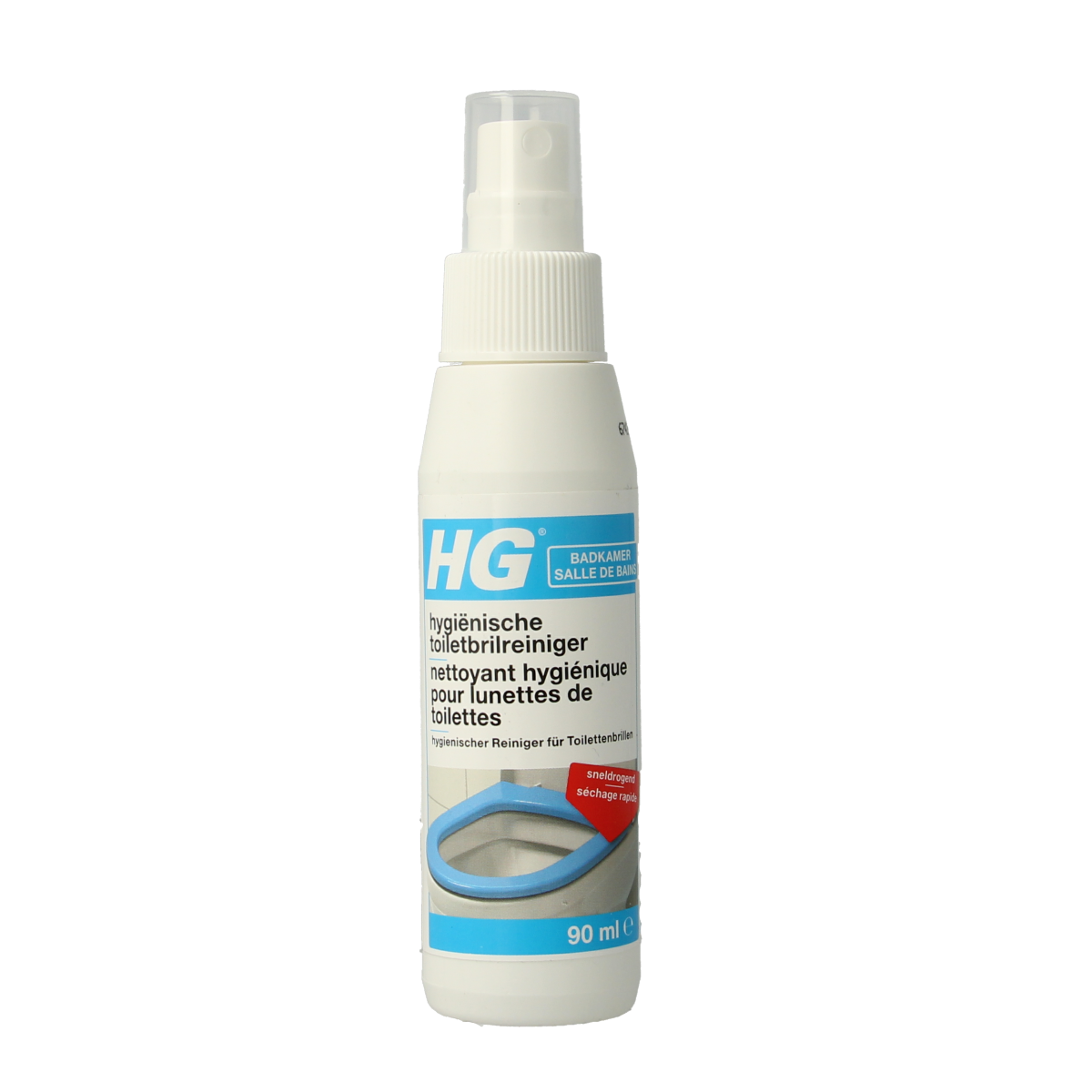 HG toilet bowl quick cleaner in 90ml bottle, featuring a spray nozzle, designed for bathroom toilet cleaning.
