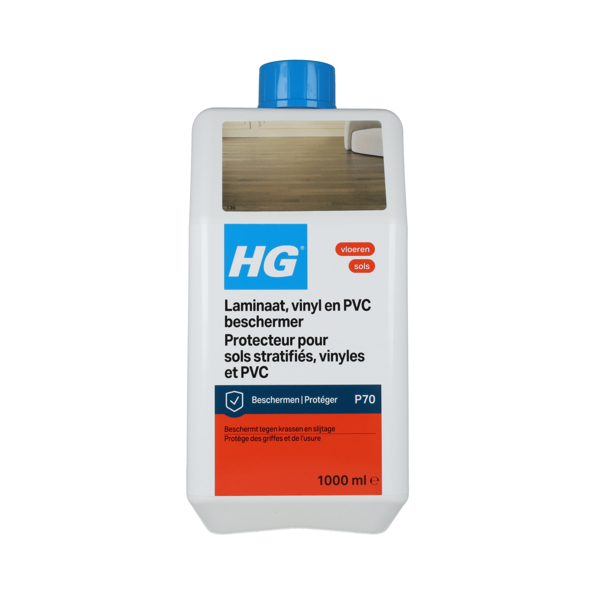 HG Laminaat beschermer 1 liter bottle for laminate floor cleaning and protection, with a spray nozzle in a cleaning product image.