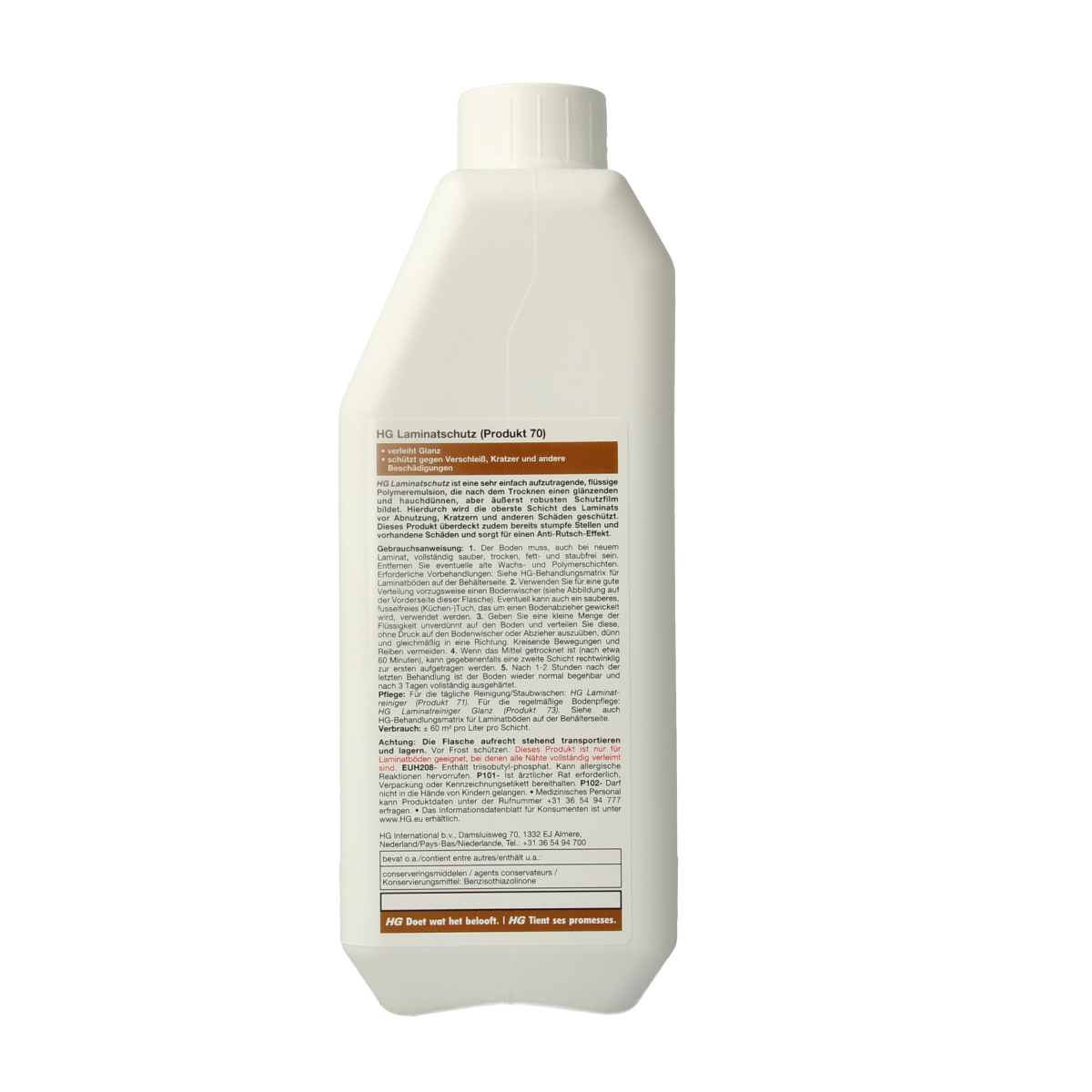 HG Laminaat beschermer 1.00 liter cleaning product for laminate floors, shown in a clear container with label details.