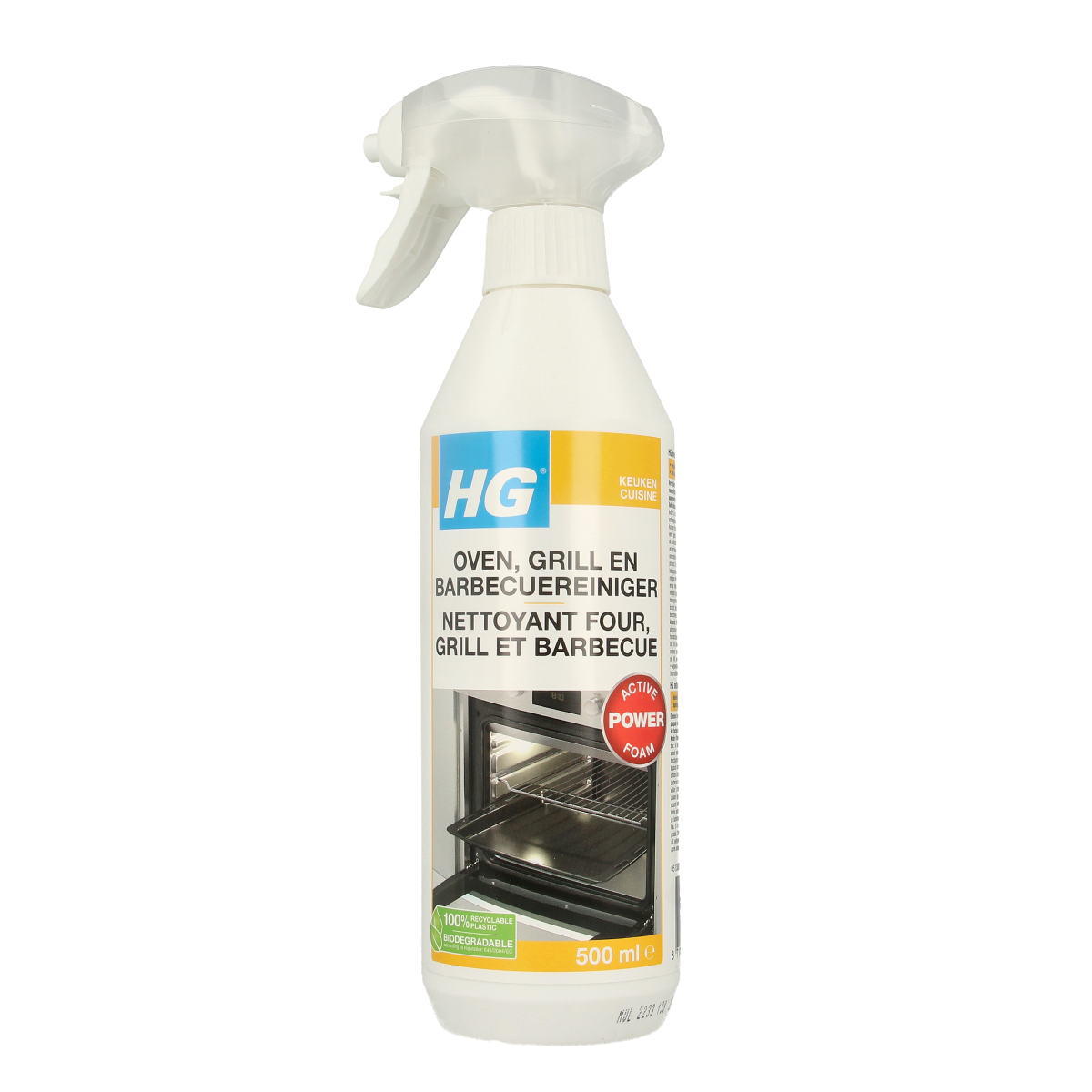 HG Oven, grill, and BBQ cleaner in a 500ml bottle, designed for effective kitchen appliance cleaning.