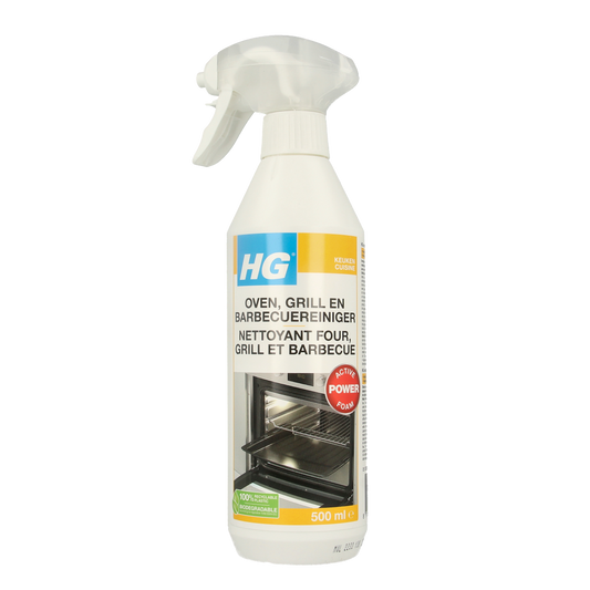 HG Oven, grill, and BBQ cleaner in a 500ml bottle, designed for effective kitchen appliance cleaning.