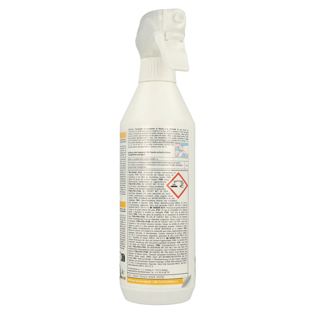 HG Oven, Grill & BBQ Cleaner 500ml bottle showing label and spray nozzle for effective kitchen appliance cleaning