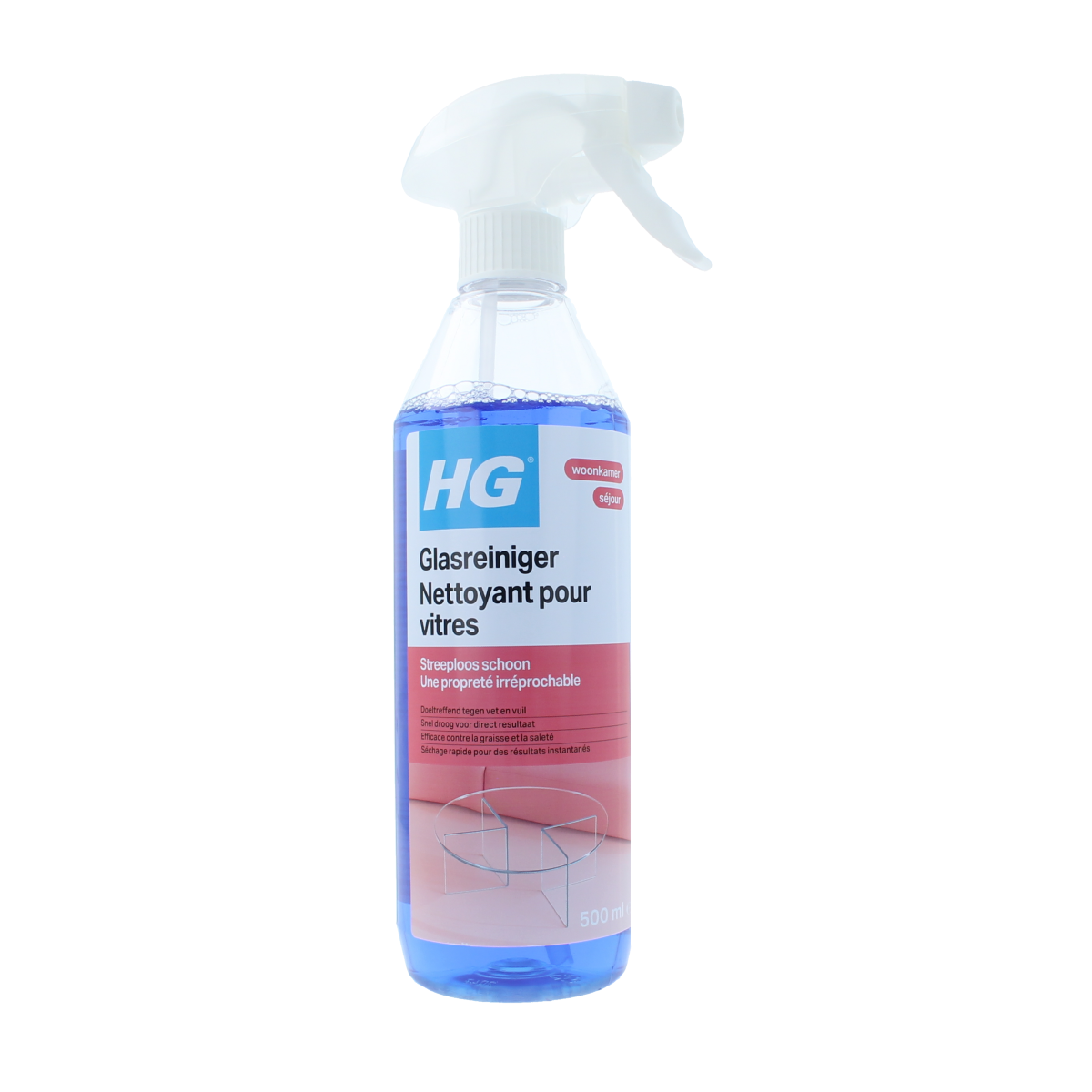 HG Glasreiniger 500ml in spray bottle, clear cleaning solution for glass surfaces, part of HG schoonmaakartikelen range.