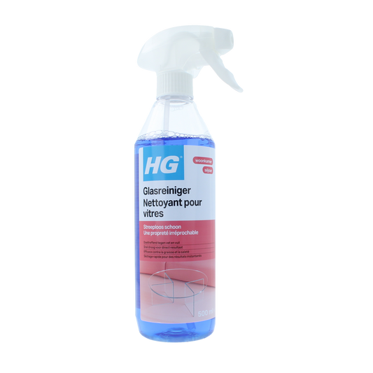 HG Glasreiniger 500ml in spray bottle, clear cleaning solution for glass surfaces, part of HG schoonmaakartikelen range.