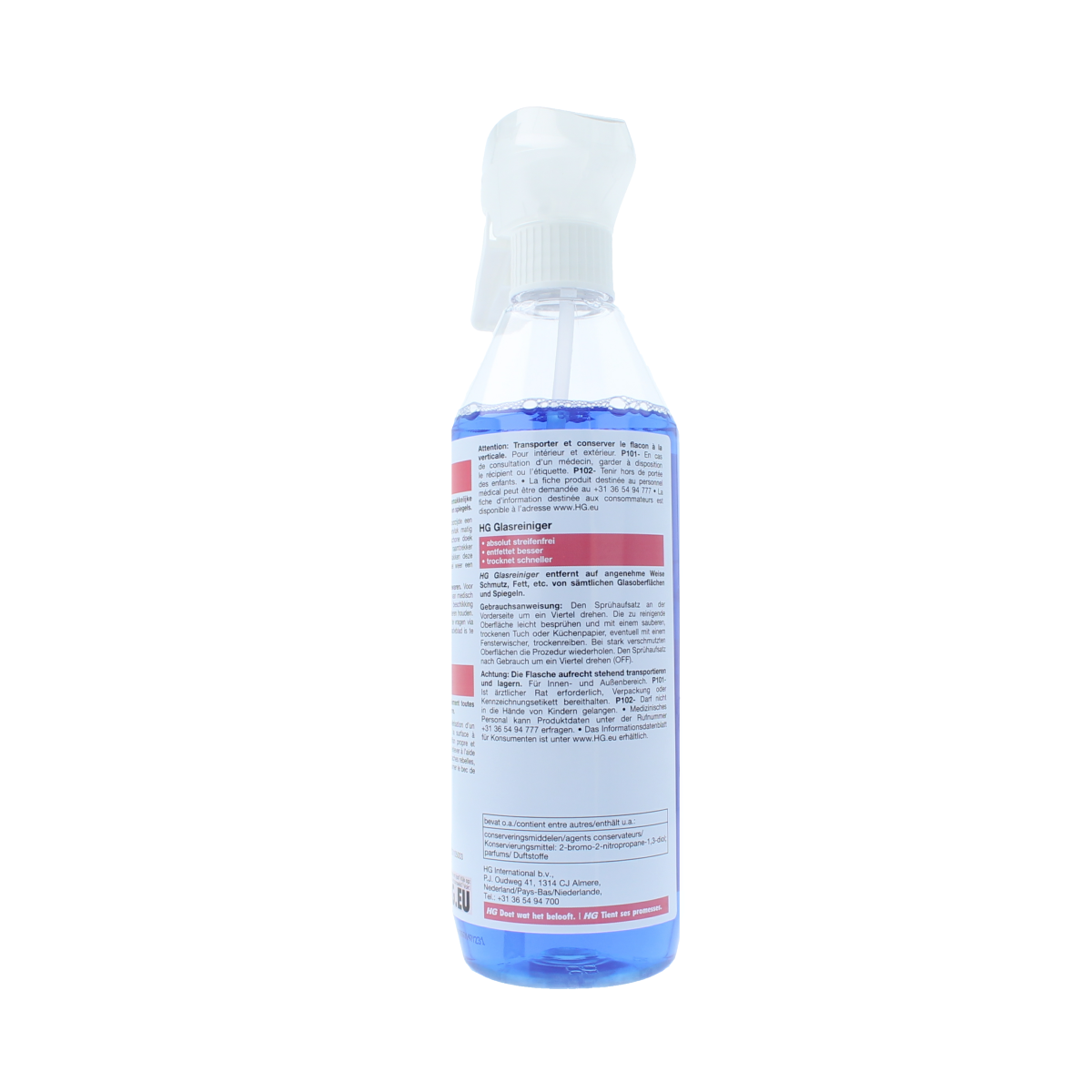 HG Glas Reiniger 500ml cleaning spray with transparent bottle and spray nozzle, designed for streak-free glass cleaning.